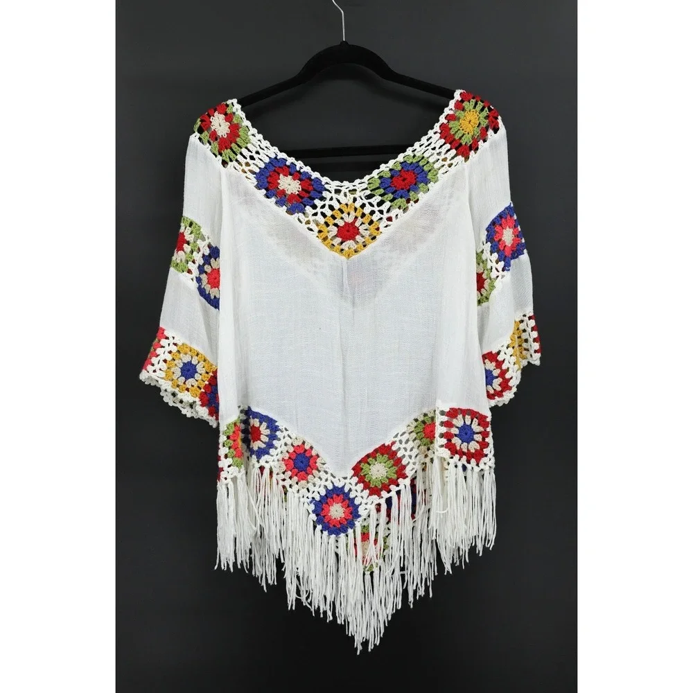 Crochet Boho Blouse M Ivory Granny Square Sheer Indie Festival Hippie Retro Folk